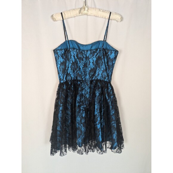Vintage Deb Dress 7/8 Junior's Blue Lace Overlay Spaghetti Strap Mini Prom Hoco - Picture 6 of 9